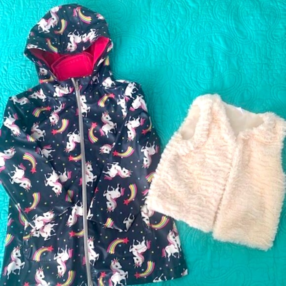 Girls size 4 rain coat and girls size 4/5 faux fur vest, both in good condition